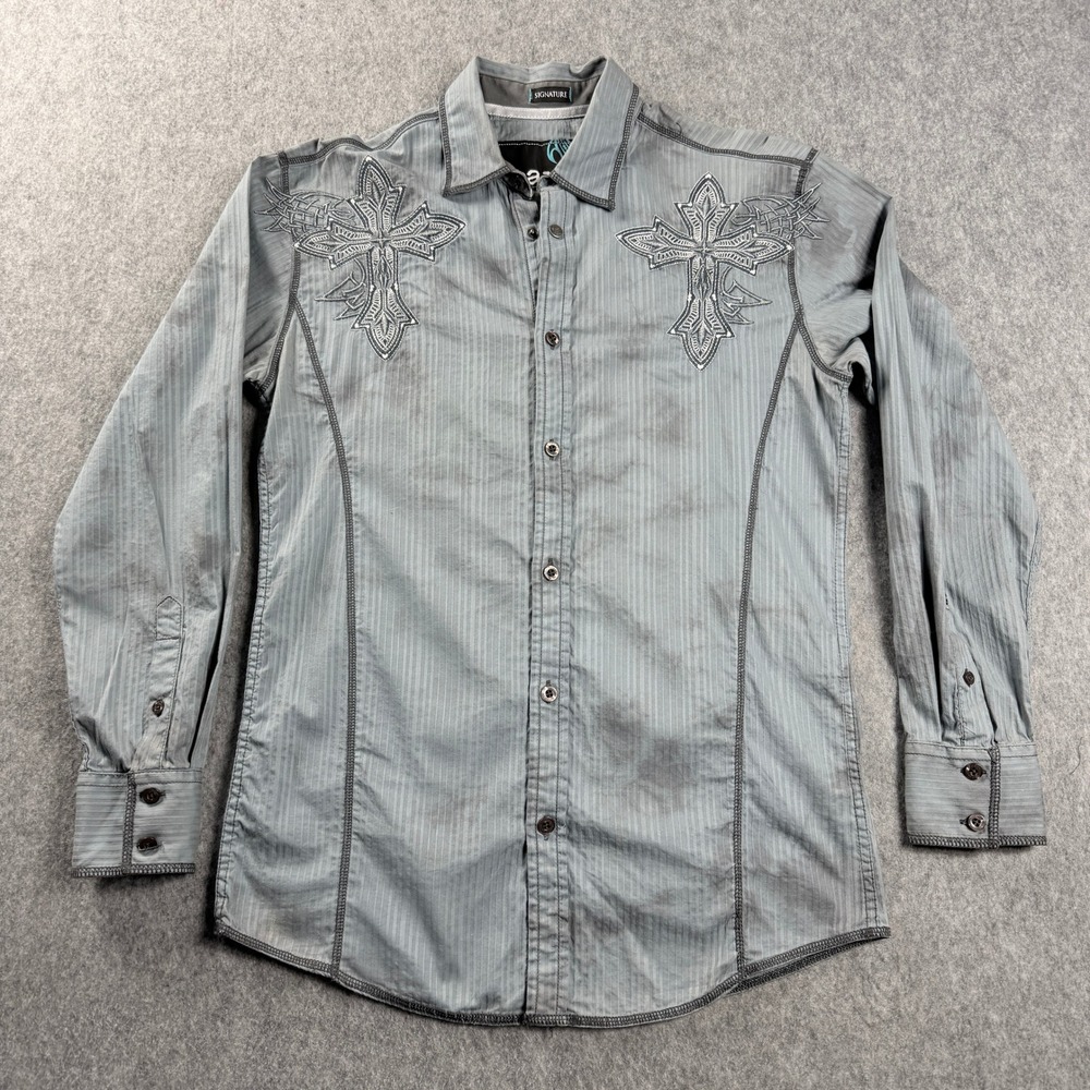 Roar Signature Mens Grey Striped Long Sleeve Embroidered Cross Button Down Shirt